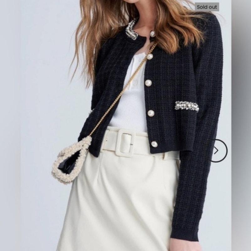 Urban Revivo Black Tweed Pearl Lady Coat Crop Jacket Knit Preppy 2